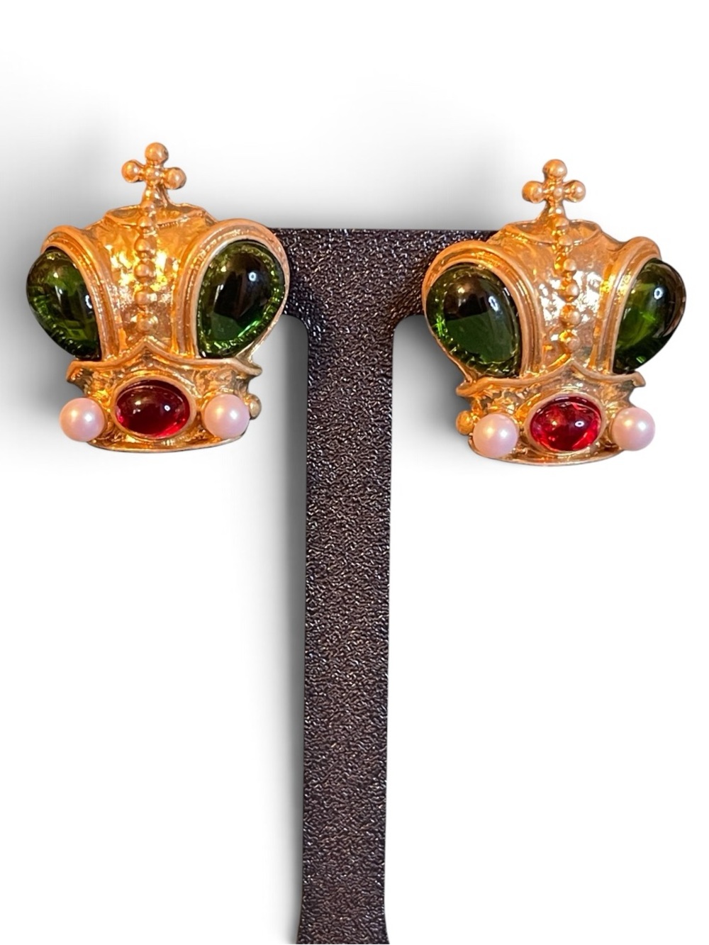 Vintage Dorothy Bauer Green Glass Statement Crown Pierced Earrings
